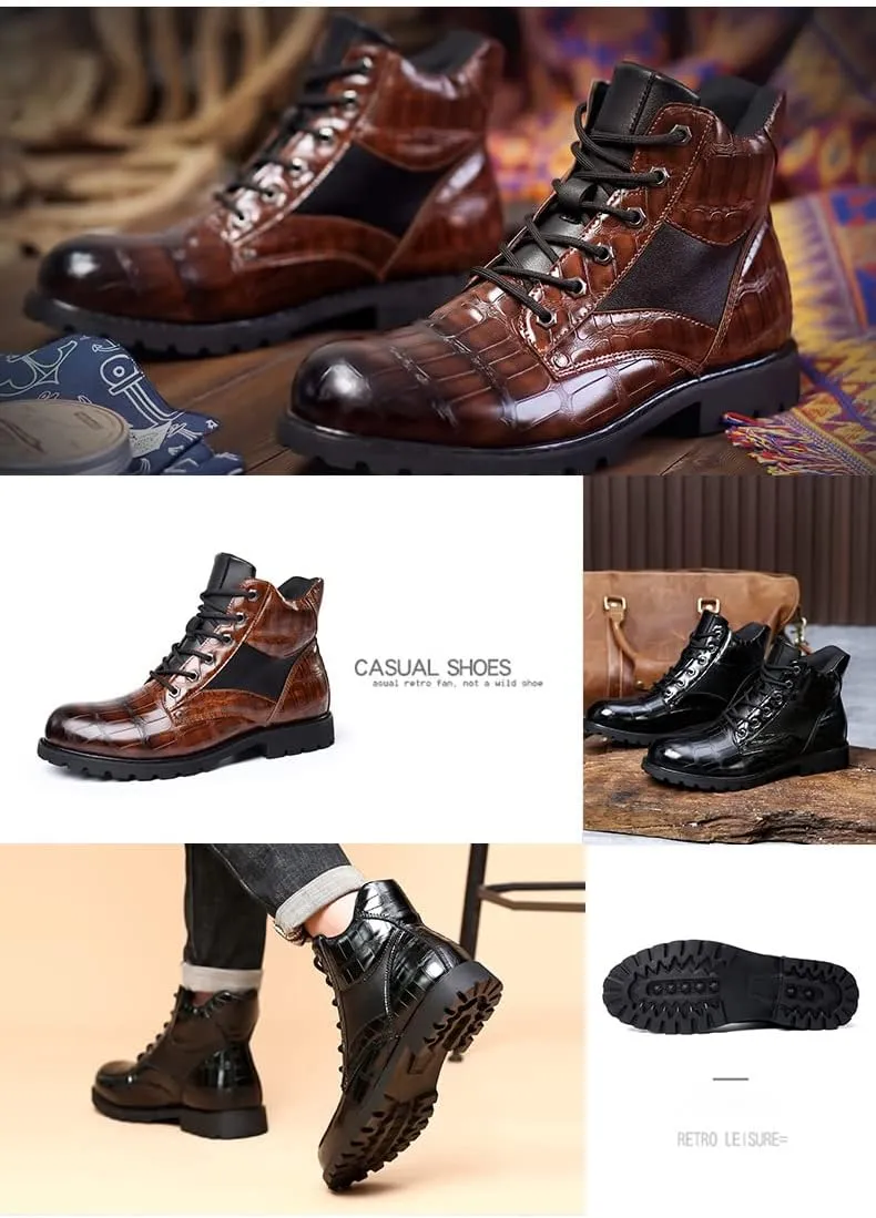 Hopomart Men's Cowhide Printed Pattern Boots,Men's High Top Casual Leather Boots,Waterproof Lace Up Formal Shoes