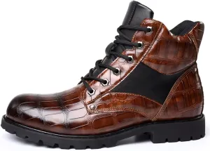 Hopomart Men's Cowhide Printed Pattern Boots,Men's High Top Casual Leather Boots,Waterproof Lace Up Formal Shoes