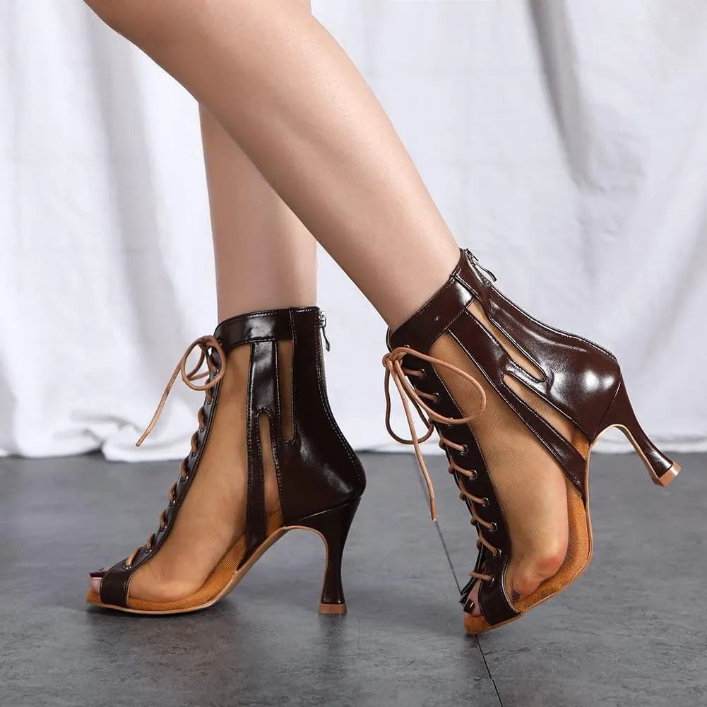 HROYL Women Open Toe Dance Boots Salsa Latin Ballroom Party Performence Jazz Heels Class Dance Shoes,Model QJW7235