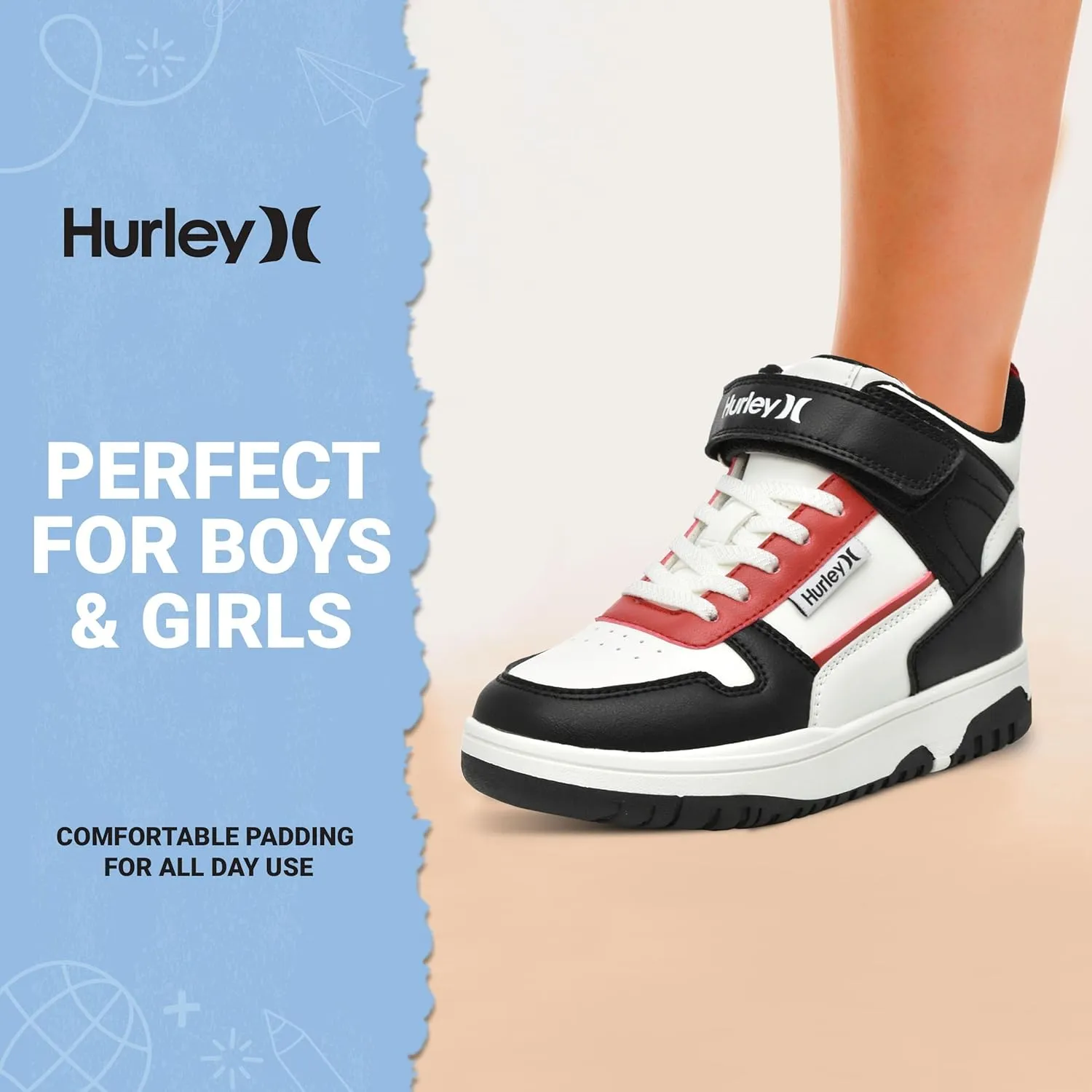 Hurley Kids' Carson High-Top Sneakers with Adjustable Strap, High Top Shoes for Kids, Sturdy Padded High Cut Sneakers for Boys and Girls, Fashionable Basketball Shoes for Kids