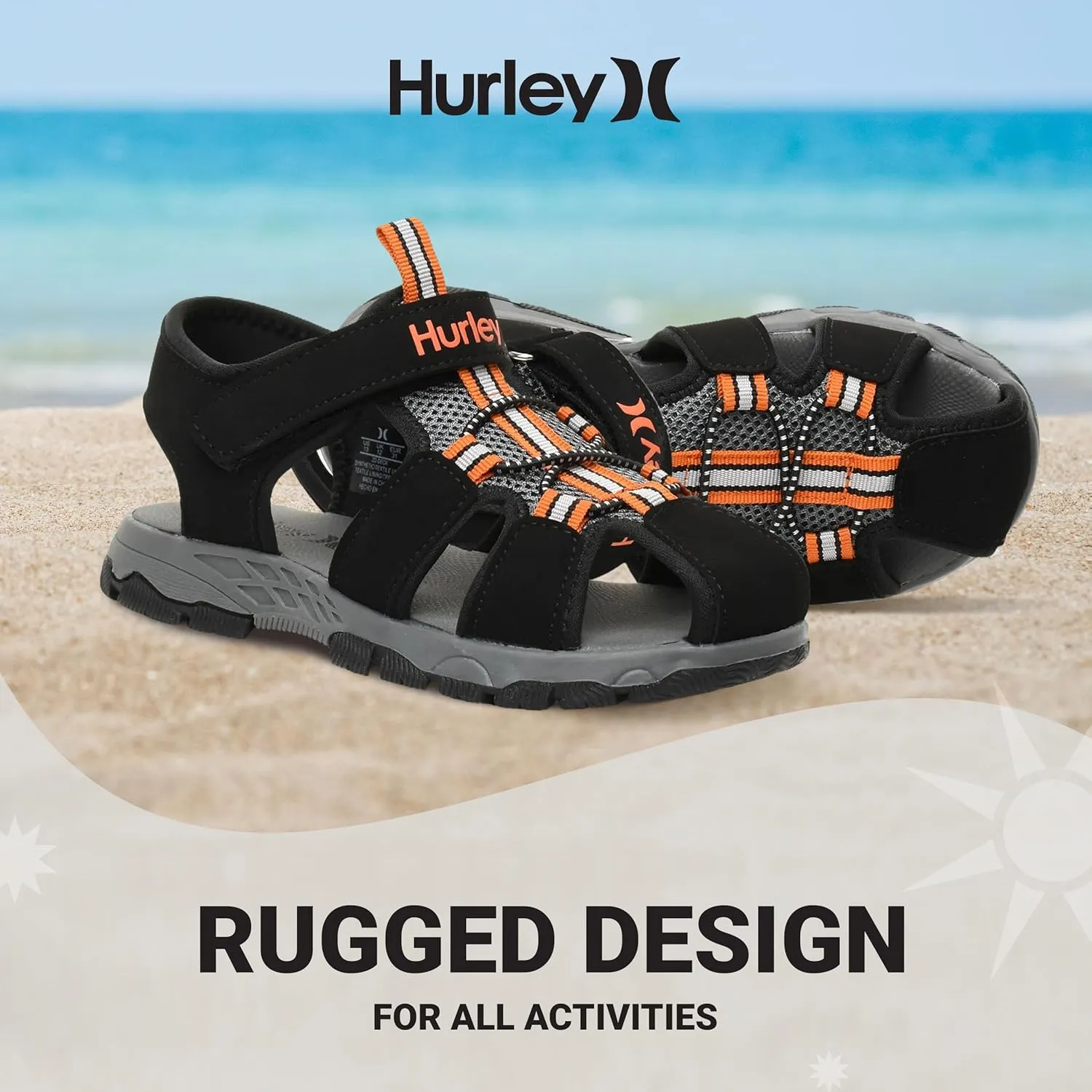 Hurley Kid's Deck Water Sandals, Sports and Beach Sandals for Boys and Girls, Lightweight Semi Closed Toe Sandals with Adjustable Upper - for Outdoors, Water Play and Pool