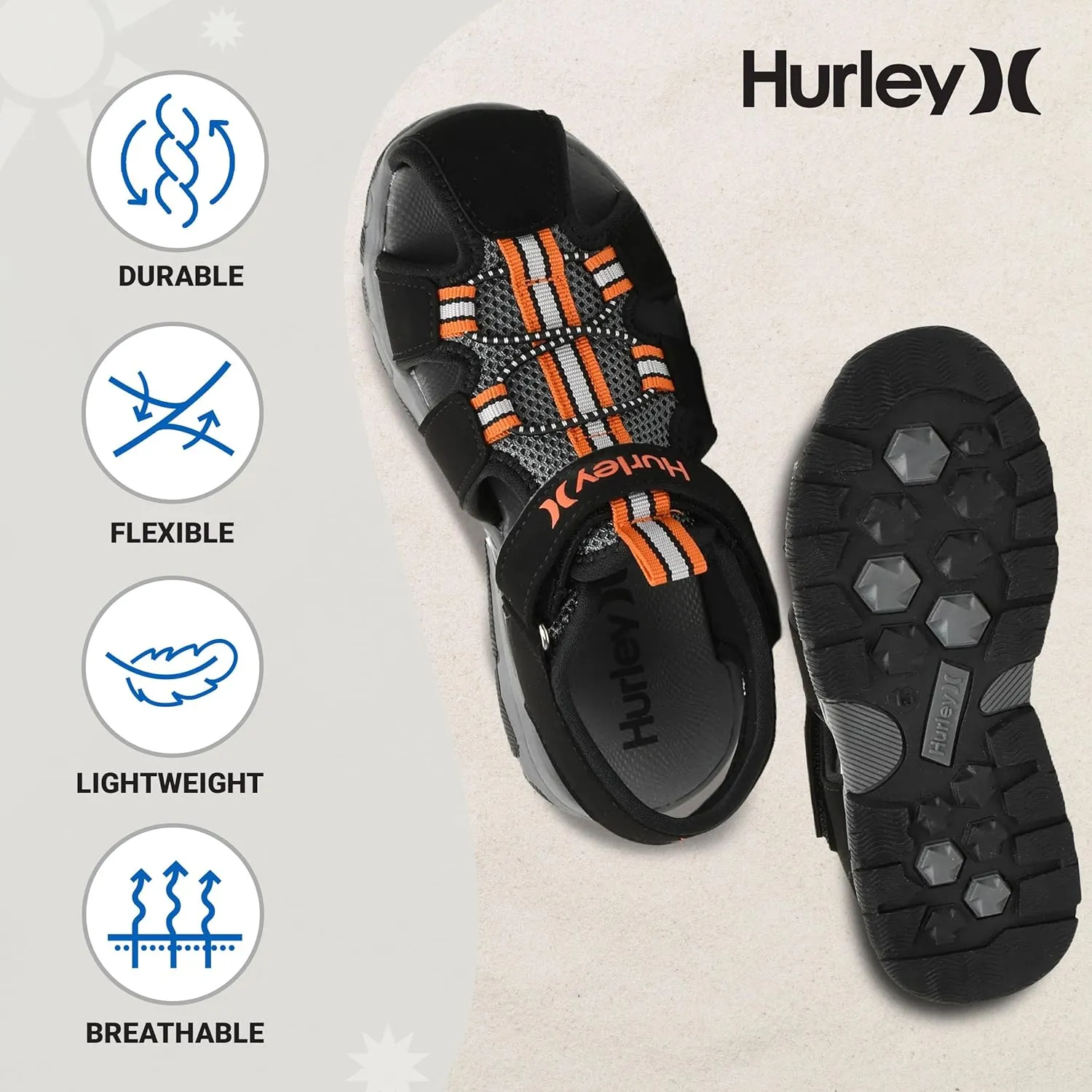 Hurley Kid's Deck Water Sandals, Sports and Beach Sandals for Boys and Girls, Lightweight Semi Closed Toe Sandals with Adjustable Upper - for Outdoors, Water Play and Pool