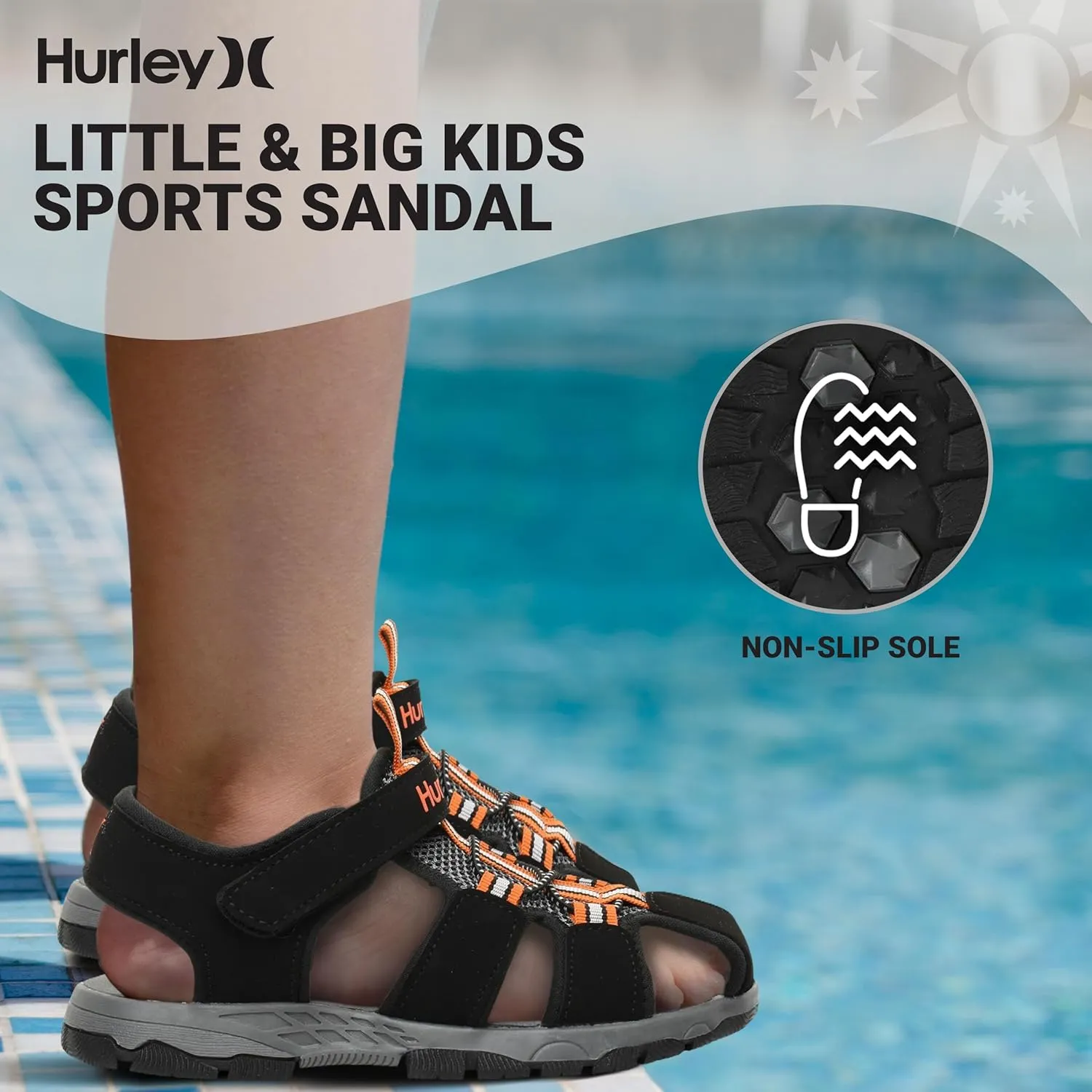 Hurley Kid's Deck Water Sandals, Sports and Beach Sandals for Boys and Girls, Lightweight Semi Closed Toe Sandals with Adjustable Upper - for Outdoors, Water Play and Pool