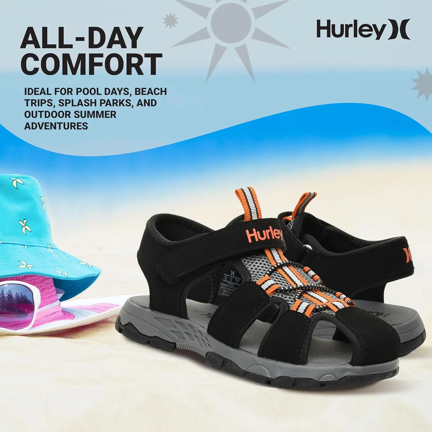 Hurley Kid's Deck Water Sandals, Sports and Beach Sandals for Boys and Girls, Lightweight Semi Closed Toe Sandals with Adjustable Upper - for Outdoors, Water Play and Pool