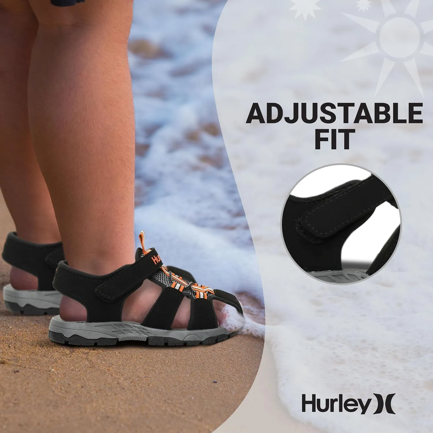 Hurley Kid's Deck Water Sandals, Sports and Beach Sandals for Boys and Girls, Lightweight Semi Closed Toe Sandals with Adjustable Upper - for Outdoors, Water Play and Pool