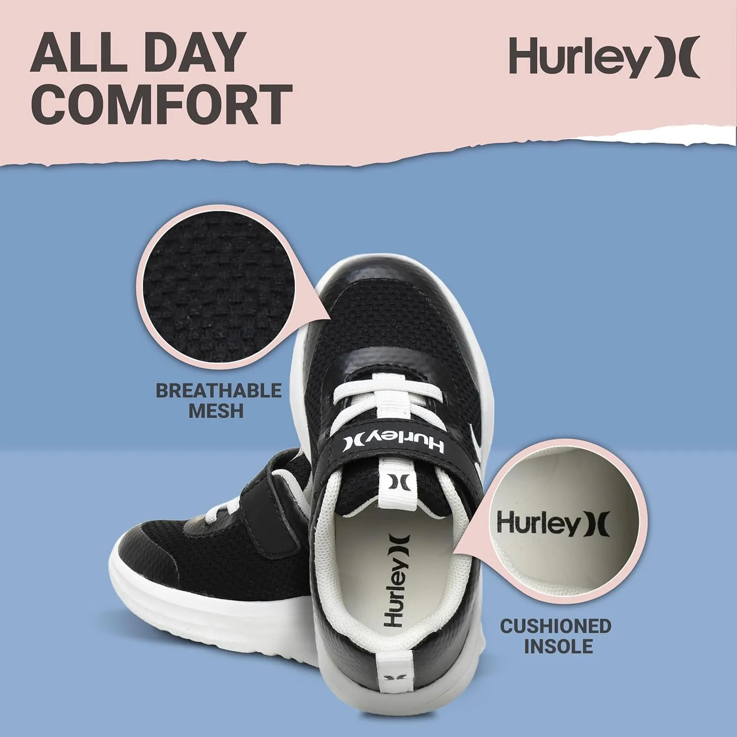 Hurley Kids Matson Athletic Sneakers with Adjustable Strap for Boys and Girls, Lightweight and Breathable Sports Sneakers, Kid's Running or Walking Shoes, Toddlers, Little Kids, and Big Kids