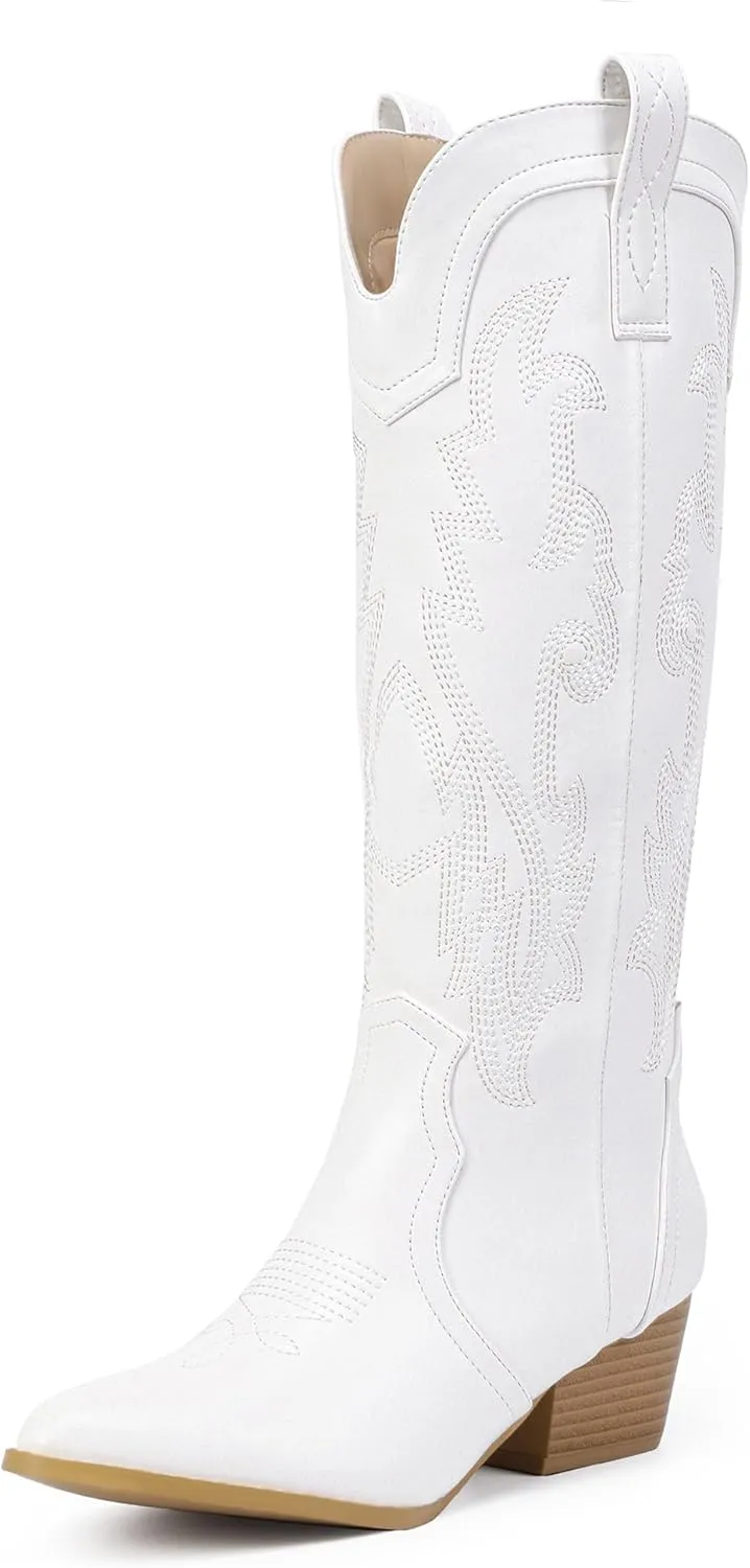 IDIFU IN2 Cowboy Boots For Women Cowgirl Knee High Western Tall Boots Chunky Low Pointed Toe Heel Boots Fashion Booties for Women Embroidered Wedding Country Concert Boots