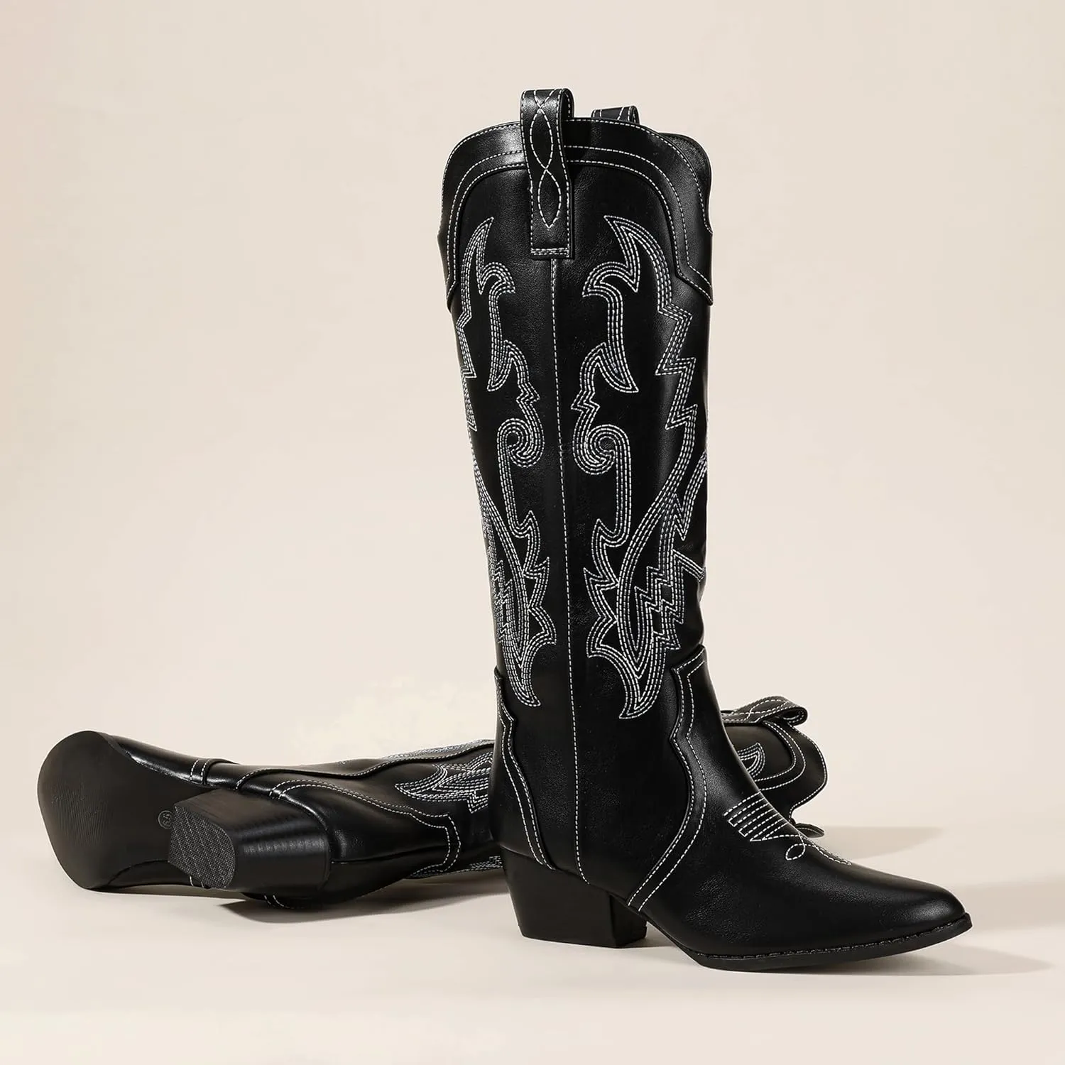 IDIFU IN2 Cowboy Boots For Women Cowgirl Knee High Western Tall Boots Chunky Low Pointed Toe Heel Boots Fashion Booties for Women Embroidered Wedding Country Concert Boots