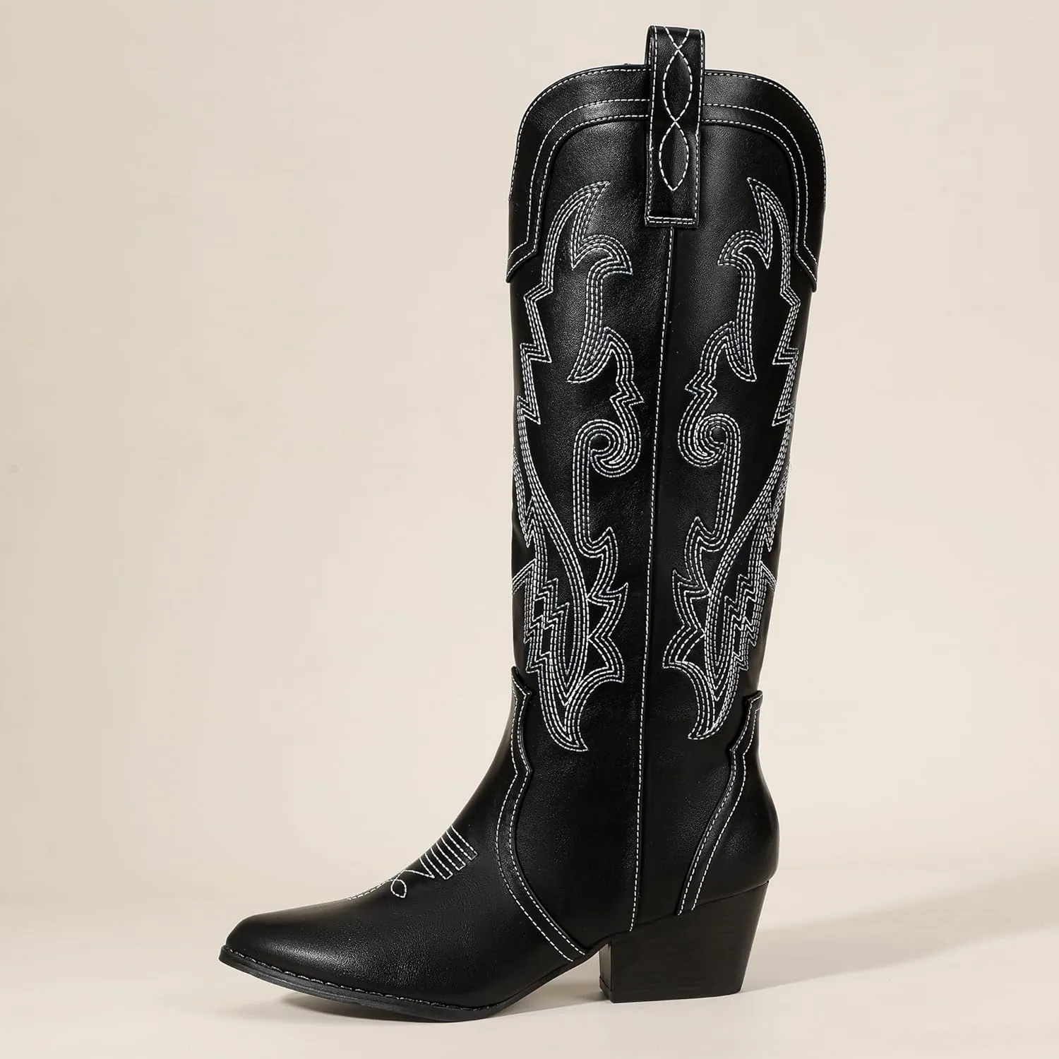 IDIFU IN2 Cowboy Boots For Women Cowgirl Knee High Western Tall Boots Chunky Low Pointed Toe Heel Boots Fashion Booties for Women Embroidered Wedding Country Concert Boots