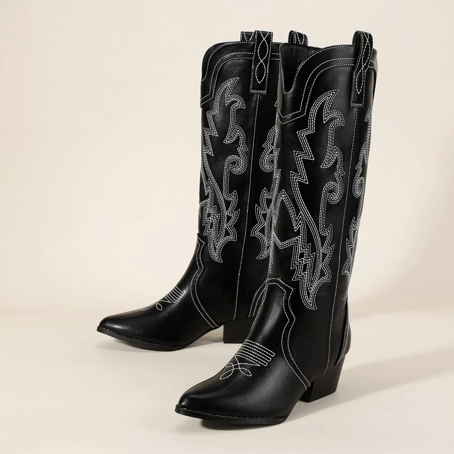 IDIFU IN2 Cowboy Boots For Women Cowgirl Knee High Western Tall Boots Chunky Low Pointed Toe Heel Boots Fashion Booties for Women Embroidered Wedding Country Concert Boots