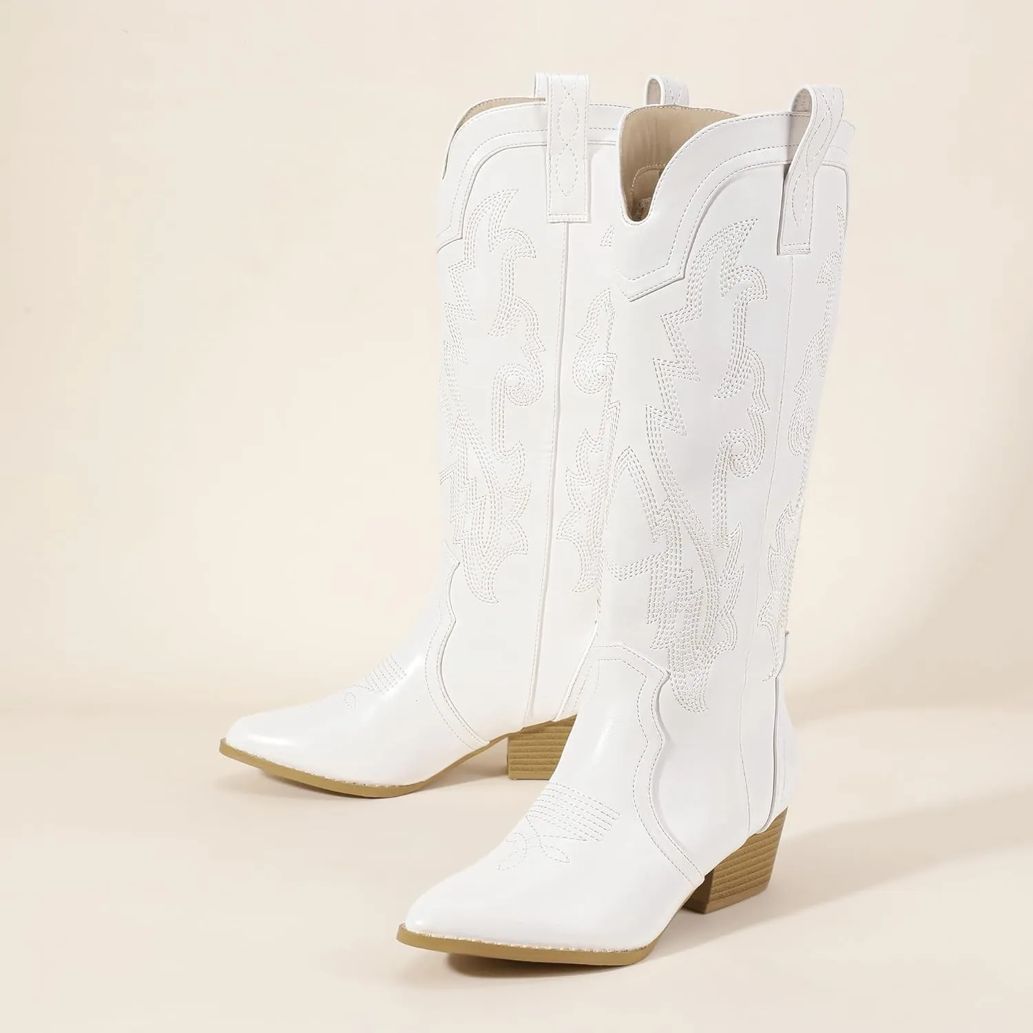 IDIFU IN2 Cowboy Boots For Women Cowgirl Knee High Western Tall Boots Chunky Low Pointed Toe Heel Boots Fashion Booties for Women Embroidered Wedding Country Concert Boots