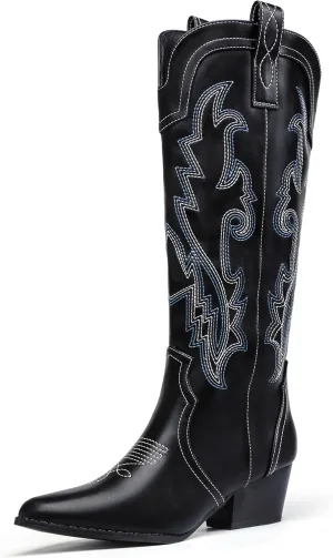 IDIFU IN2 Cowboy Boots For Women Cowgirl Knee High Western Tall Boots Chunky Low Pointed Toe Heel Boots Fashion Booties for Women Embroidered Wedding Country Concert Boots