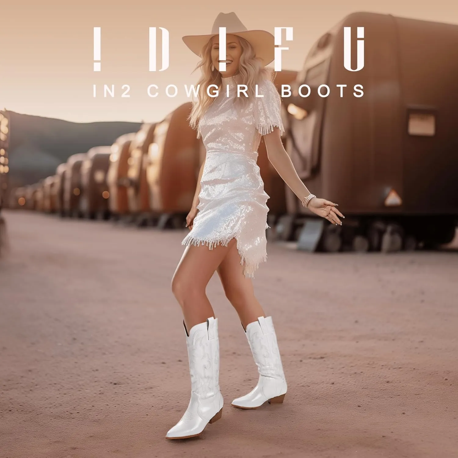 IDIFU IN2 Cowboy Boots For Women Cowgirl Knee High Western Tall Boots Chunky Low Pointed Toe Heel Boots Fashion Booties for Women Embroidered Wedding Country Concert Boots