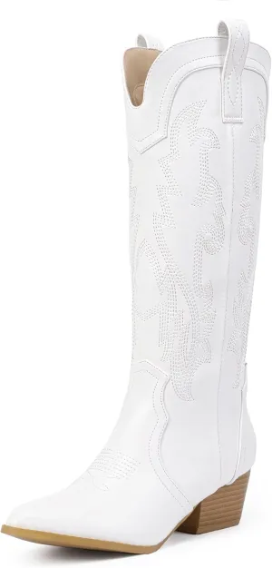 IDIFU IN2 Cowboy Boots For Women Cowgirl Knee High Western Tall Boots Chunky Low Pointed Toe Heel Boots Fashion Booties for Women Embroidered Wedding Country Concert Boots