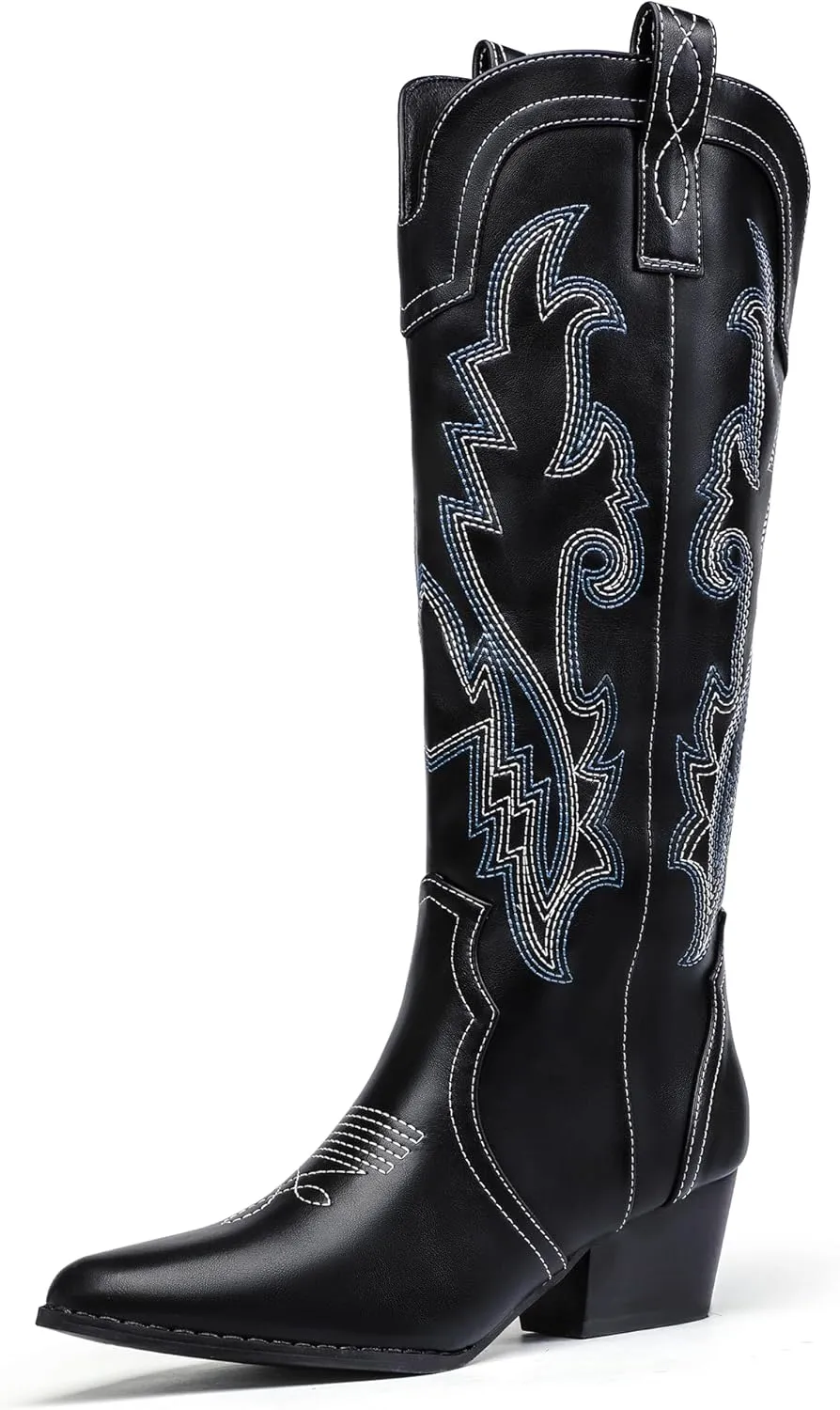 IDIFU IN2 Cowboy Boots For Women Cowgirl Knee High Western Tall Boots Chunky Low Pointed Toe Heel Boots Fashion Booties for Women Embroidered Wedding Country Concert Boots