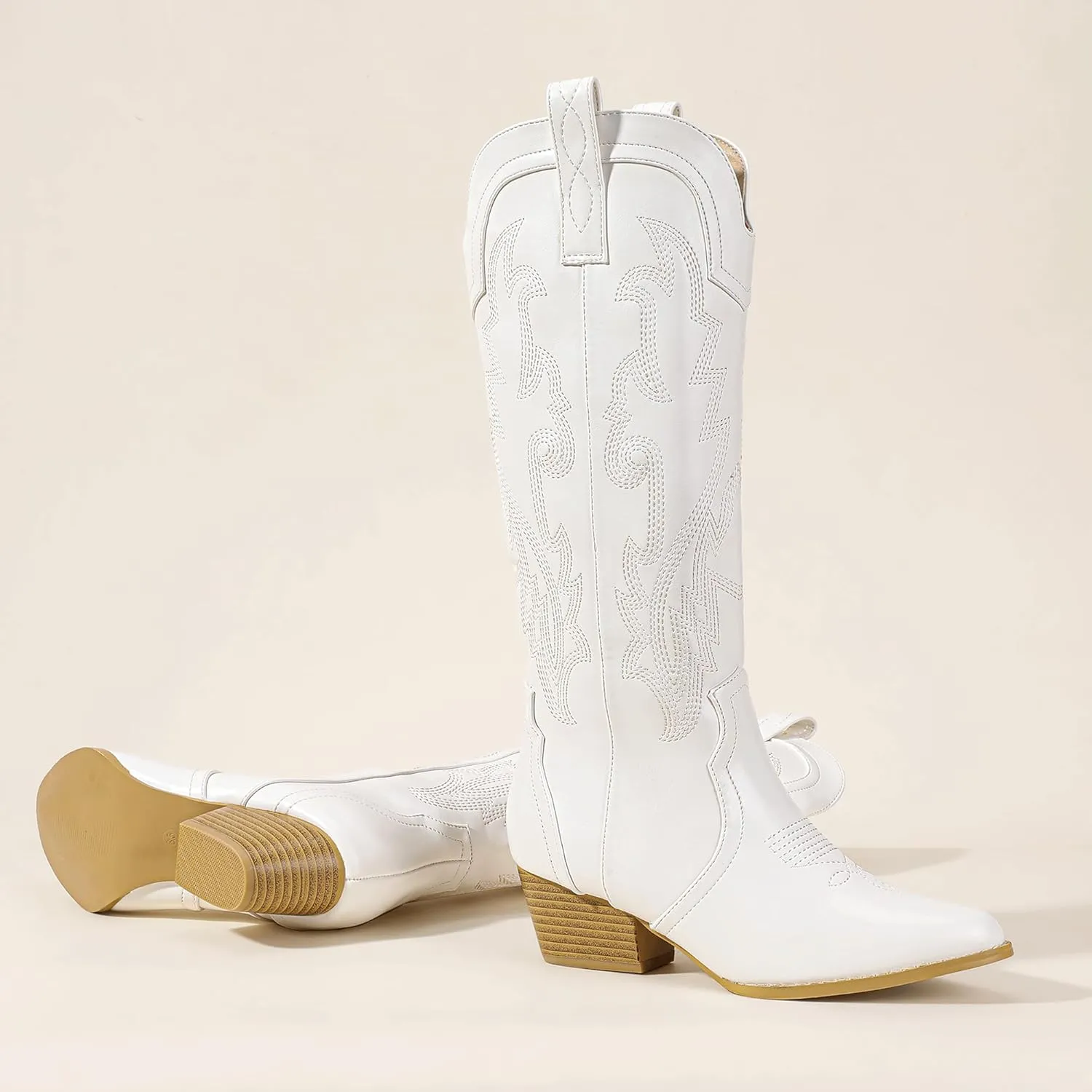 IDIFU IN2 Cowboy Boots For Women Cowgirl Knee High Western Tall Boots Chunky Low Pointed Toe Heel Boots Fashion Booties for Women Embroidered Wedding Country Concert Boots