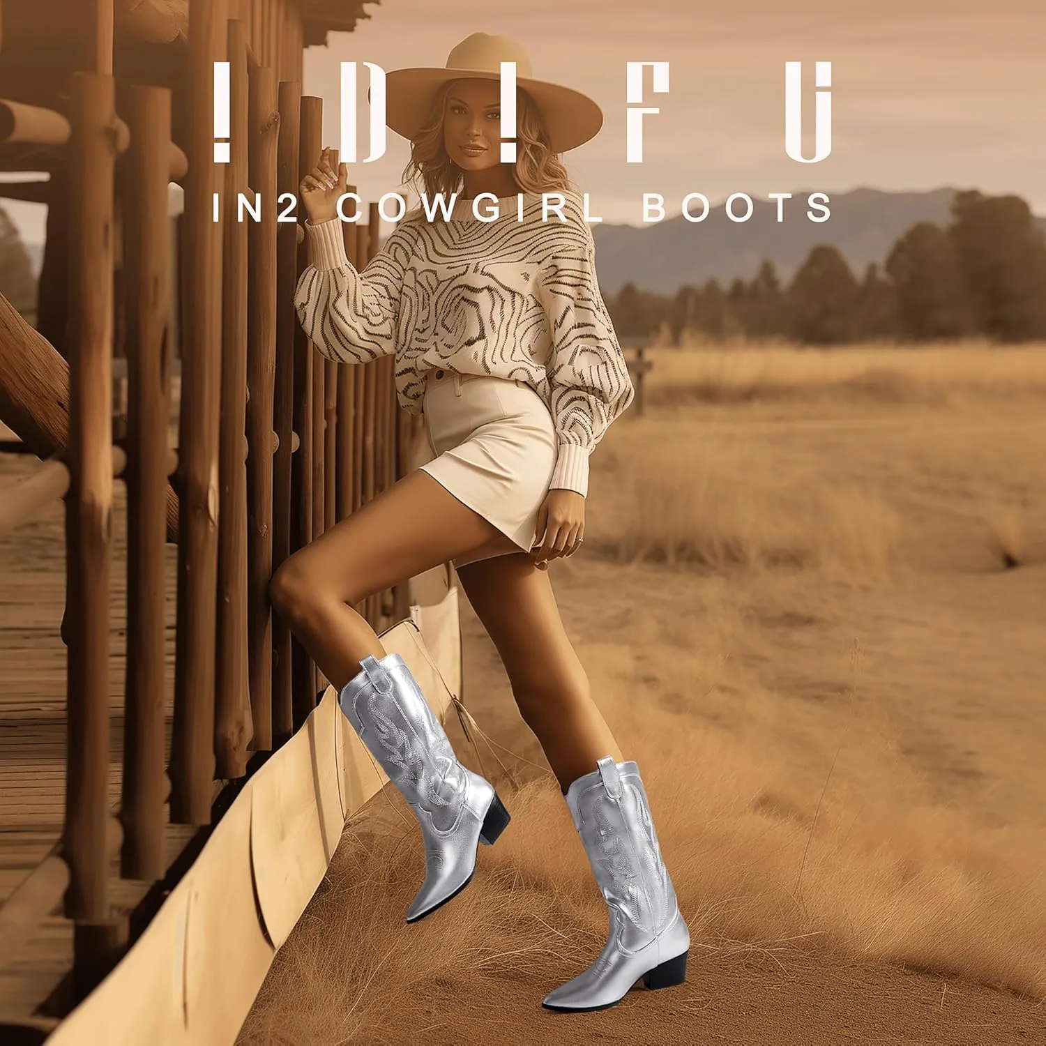 IDIFU IN2 Cowboy Boots for Women Mid Calf Cowgirl Boots Embroidered Western Boots Chunky Low Heel Pointed Toe Country Boots Cute Fashion Booties for Women Dress Wedding Heeled Boots