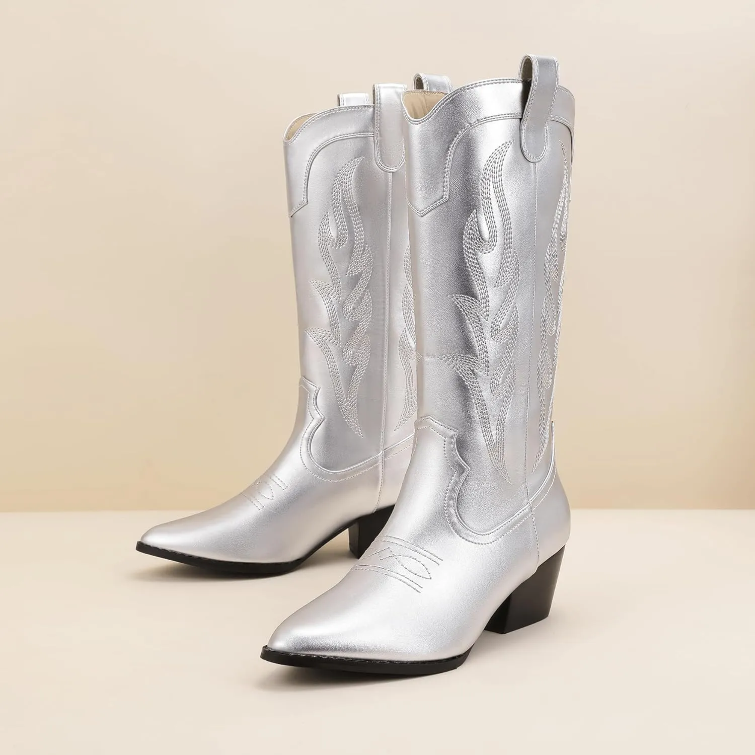 IDIFU IN2 Cowboy Boots for Women Mid Calf Cowgirl Boots Embroidered Western Boots Chunky Low Heel Pointed Toe Country Boots Cute Fashion Booties for Women Dress Wedding Heeled Boots