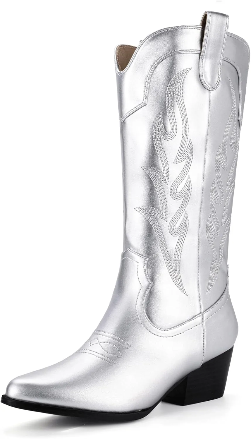 IDIFU IN2 Cowboy Boots for Women Mid Calf Cowgirl Boots Embroidered Western Boots Chunky Low Heel Pointed Toe Country Boots Cute Fashion Booties for Women Dress Wedding Heeled Boots