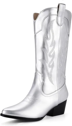 IDIFU IN2 Cowboy Boots for Women Mid Calf Cowgirl Boots Embroidered Western Boots Chunky Low Heel Pointed Toe Country Boots Cute Fashion Booties for Women Dress Wedding Heeled Boots