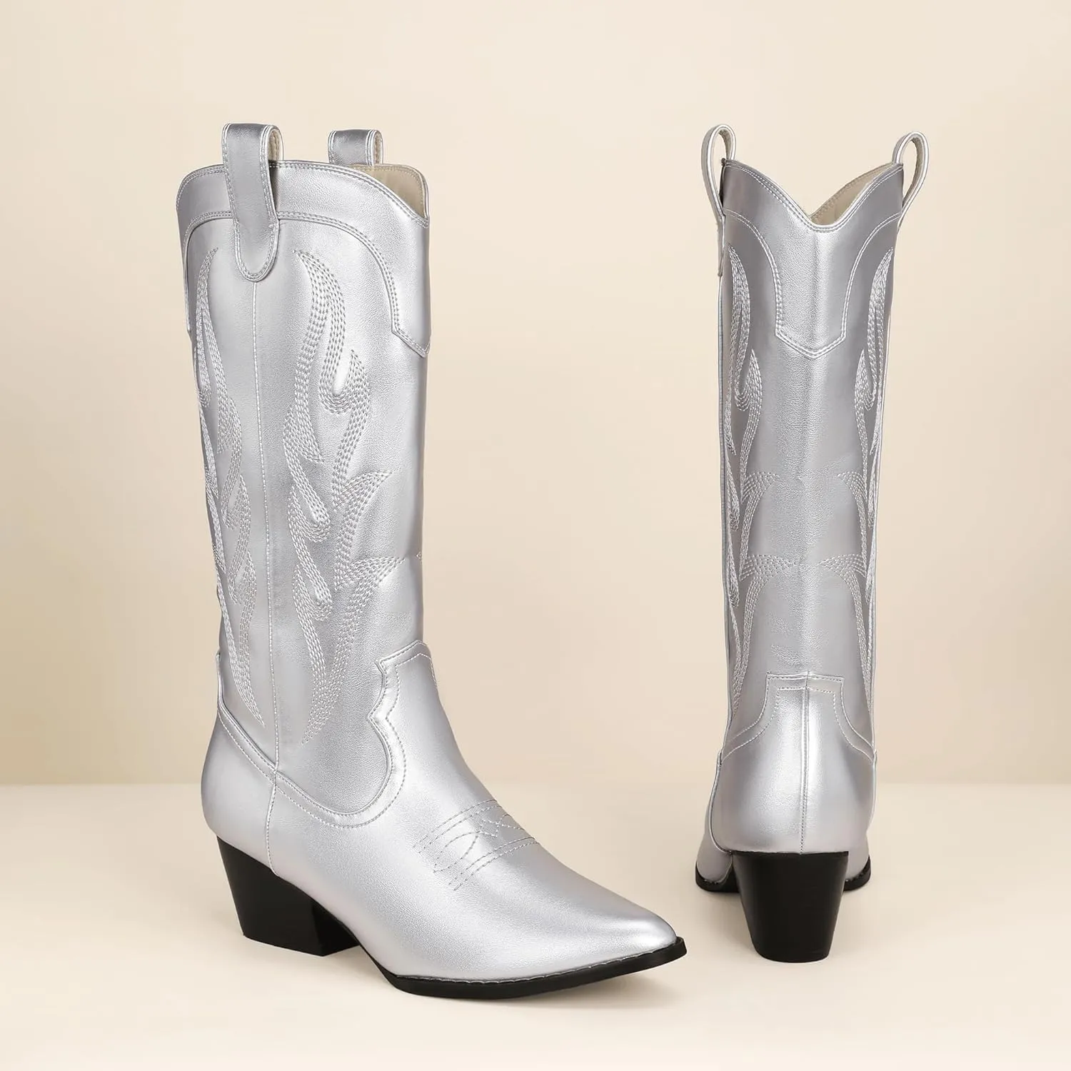 IDIFU IN2 Cowboy Boots for Women Mid Calf Cowgirl Boots Embroidered Western Boots Chunky Low Heel Pointed Toe Country Boots Cute Fashion Booties for Women Dress Wedding Heeled Boots