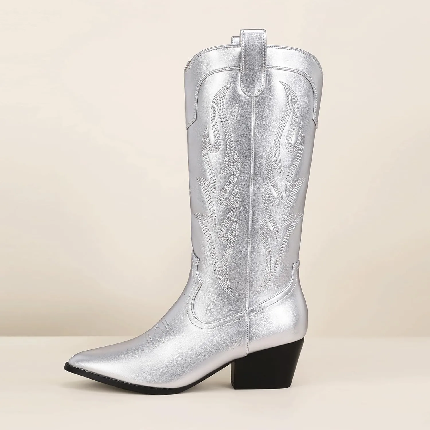 IDIFU IN2 Cowboy Boots for Women Mid Calf Cowgirl Boots Embroidered Western Boots Chunky Low Heel Pointed Toe Country Boots Cute Fashion Booties for Women Dress Wedding Heeled Boots