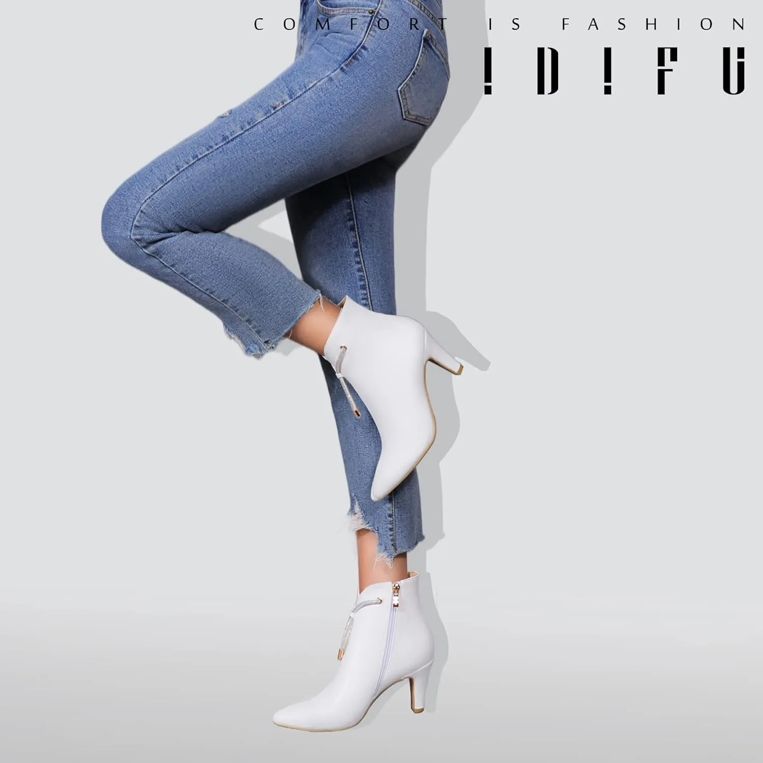 IDIFU Women's CLARA-Z Pointed Toe High Heel Ankle Booties Zipper Buckle Strap Short Boots