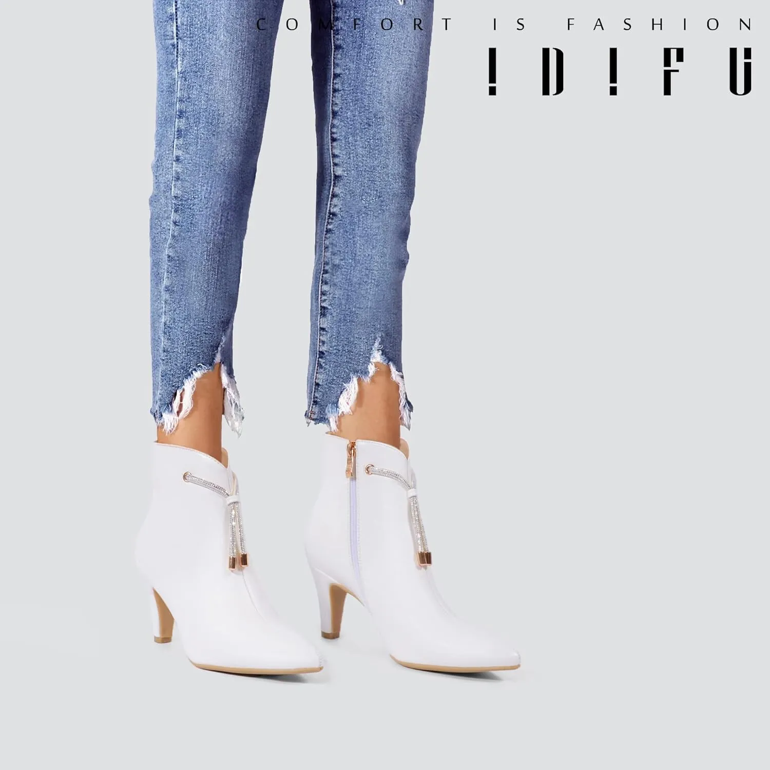 IDIFU Women's CLARA-Z Pointed Toe High Heel Ankle Booties Zipper Buckle Strap Short Boots