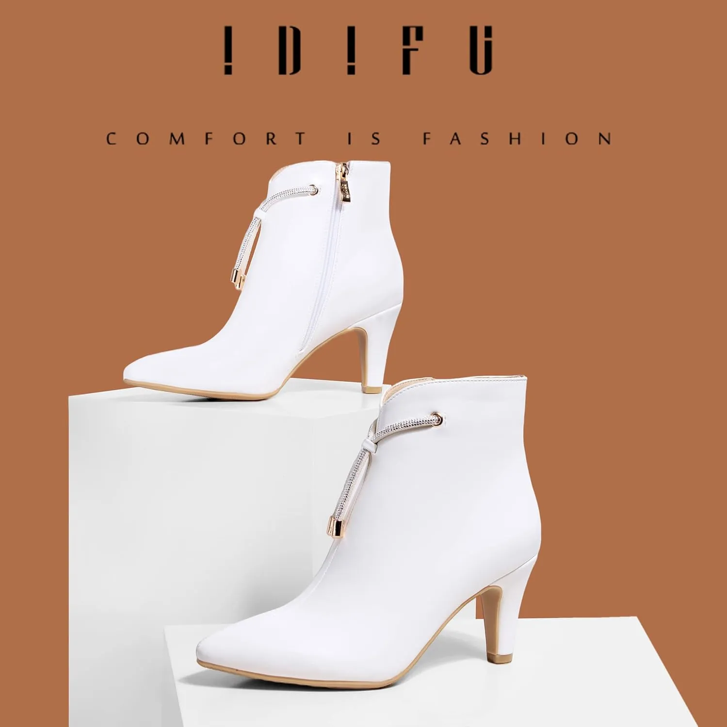 IDIFU Women's CLARA-Z Pointed Toe High Heel Ankle Booties Zipper Buckle Strap Short Boots