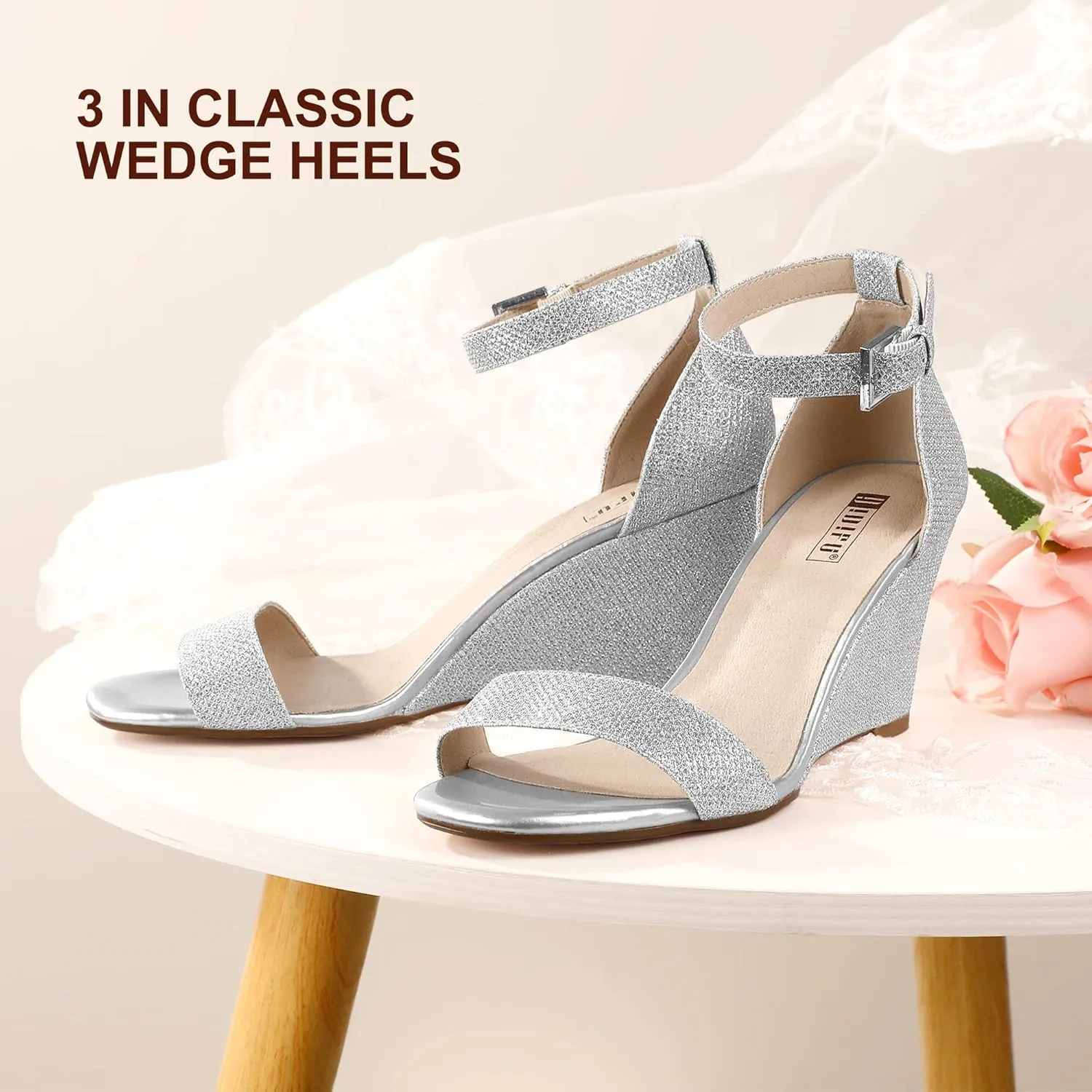 IDIFU Women's Classic Wedge Heels Sandals 3 Inch Ankle Strap Open Toe Evening Dress Wedding Shoes