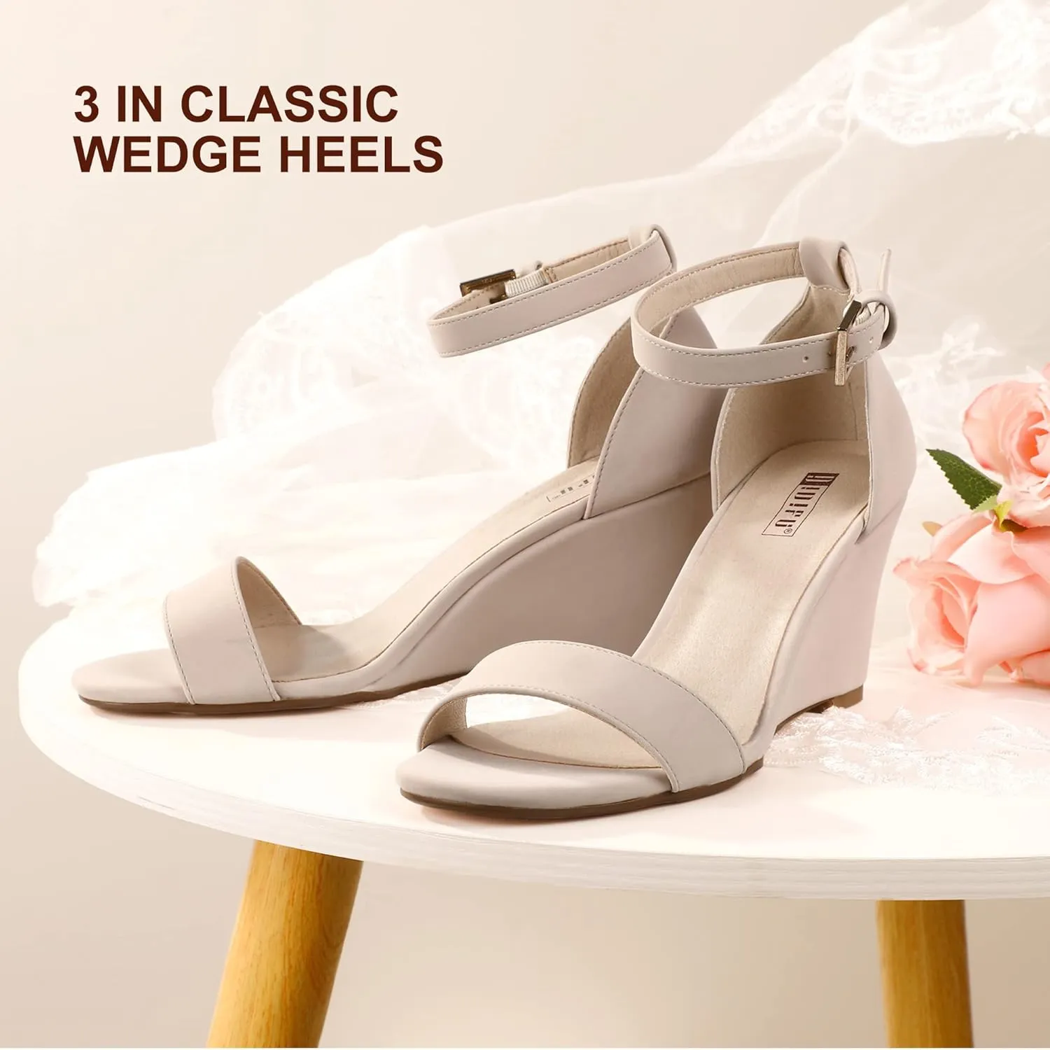IDIFU Women's Classic Wedge Heels Sandals 3 Inch Ankle Strap Open Toe Evening Dress Wedding Shoes