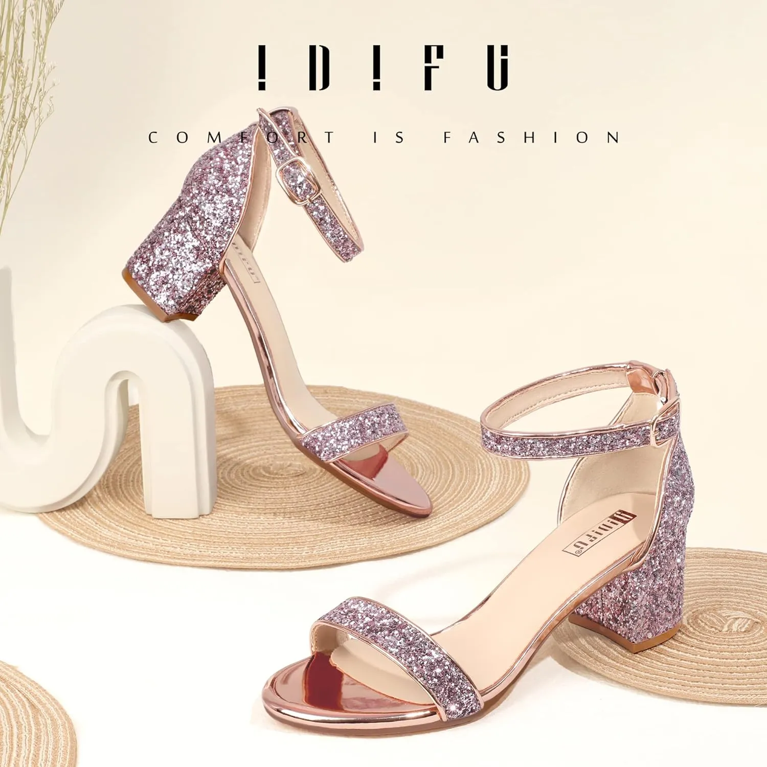 IDIFU Women's Cookie-LO Low Block Heels Chunky Sandals Ankle Strap Wedding Dress Pump Shoes