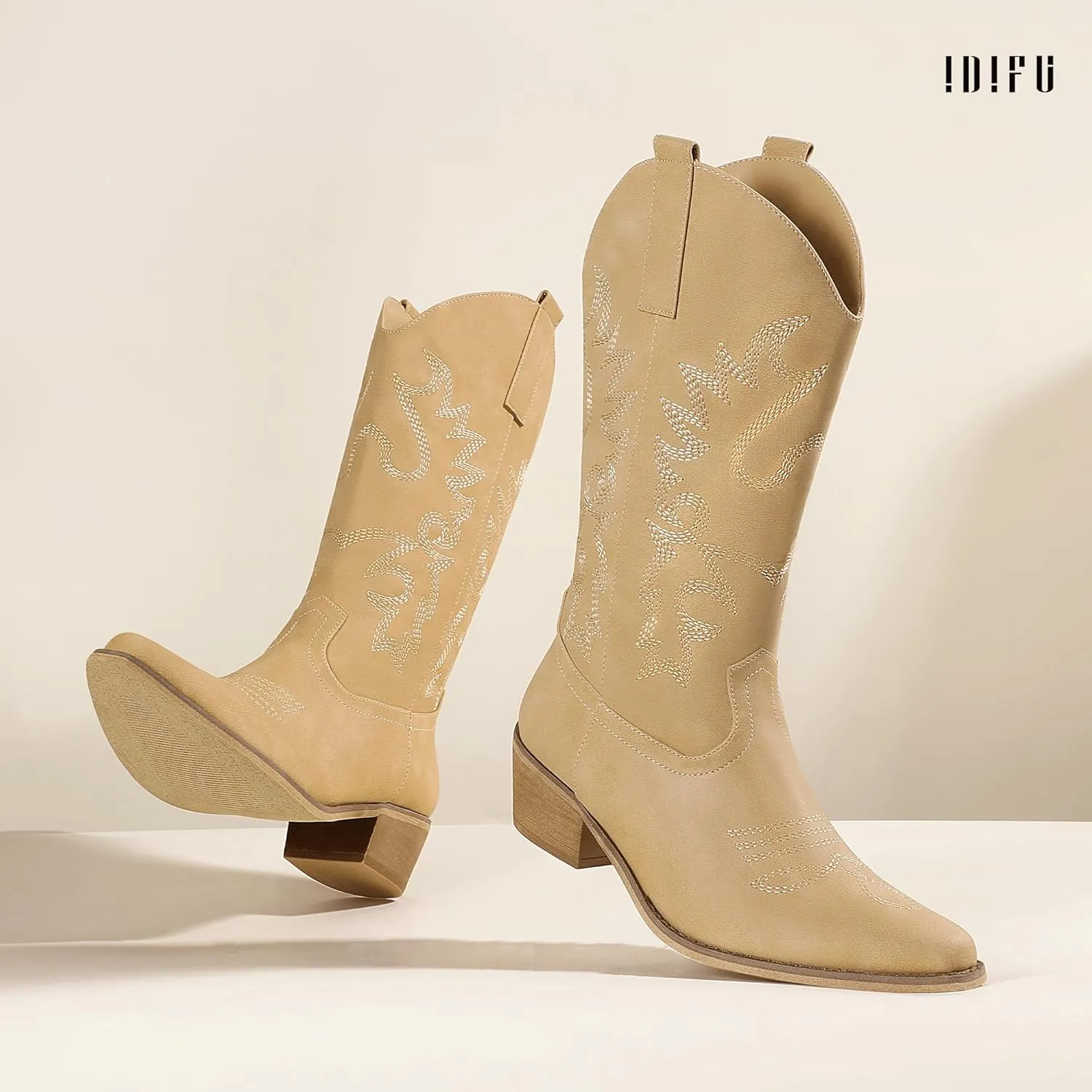 IDIFU Women's Cowboy Boots for Women Cowgirl Boots Western Boots Mid Calf Embroidered Chunky Low Heel Pointed Toe Country Boots Dress Cute Fashion Comfortable Cowboy Cowgirl Boots Booties