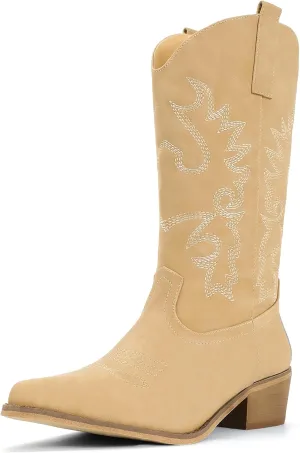 IDIFU Women's Cowboy Boots for Women Cowgirl Boots Western Boots Mid Calf Embroidered Chunky Low Heel Pointed Toe Country Boots Dress Cute Fashion Comfortable Cowboy Cowgirl Boots Booties