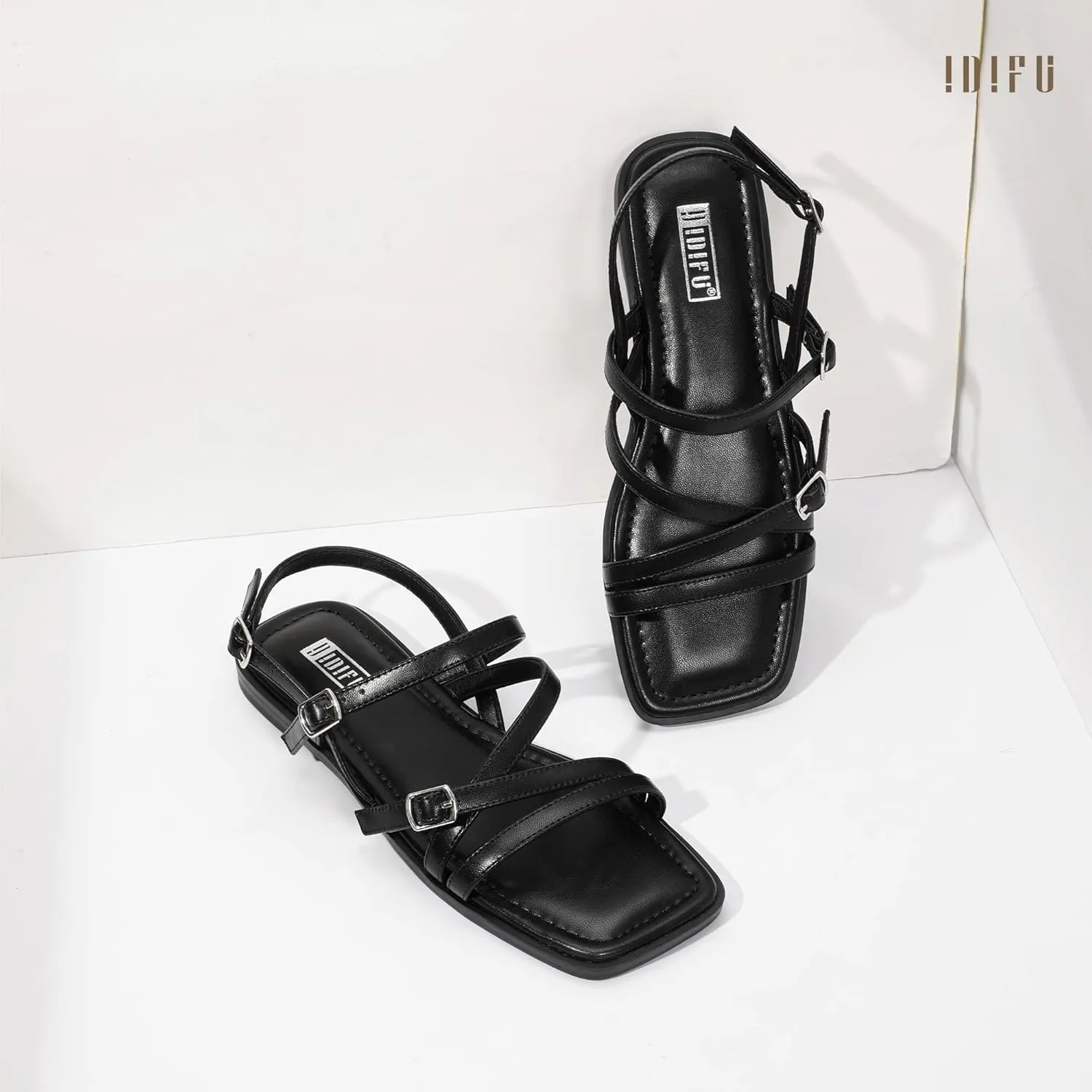 IDIFU Women's Strappy Sandals Square Open Toe Flats Sandals Gladiator Slingback Ankle Strap with Back Strap Summer Wedding Prom Work Party Comfortable Trendy Fashion Casual Dress Shoes