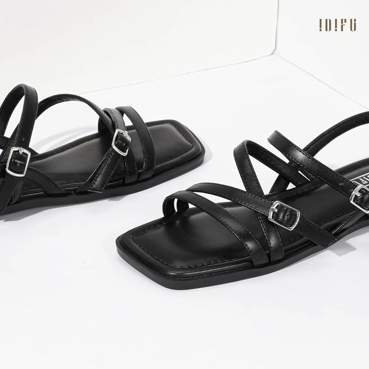 IDIFU Women's Strappy Sandals Square Open Toe Flats Sandals Gladiator Slingback Ankle Strap with Back Strap Summer Wedding Prom Work Party Comfortable Trendy Fashion Casual Dress Shoes