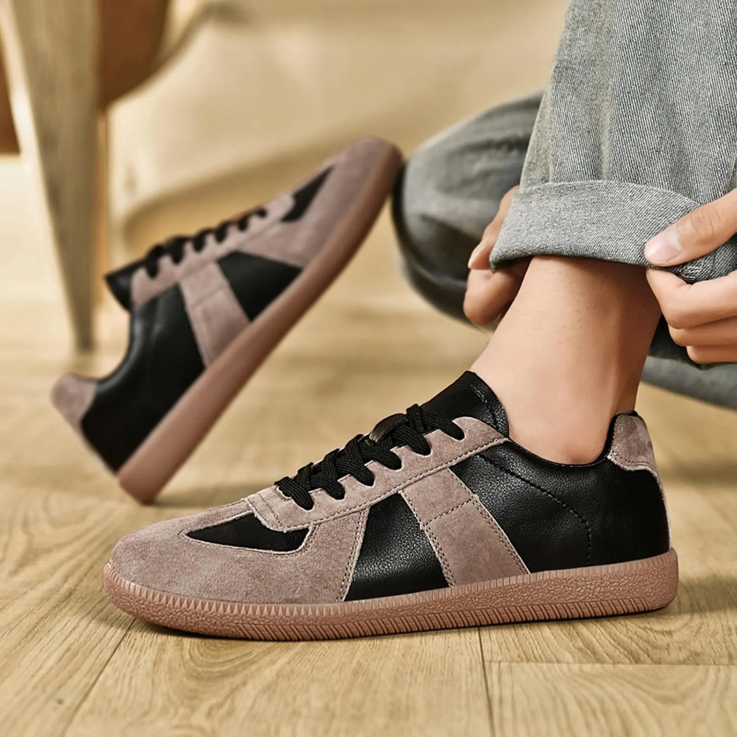 ihinzry Fashion Sneakers Womens Tennis Shoes Genuine Leather Lace Up Casual Shoes Gum Sole Sneakers