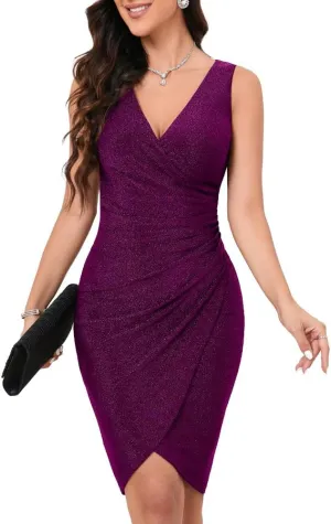 IHOT 2025 Women's Sexy V Neck Sleeveless Faux Wrap Ruched Sheath Bodycon Cocktail Party Work Dress