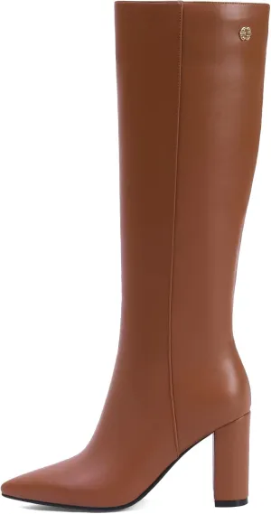 iiimmu Knee High Boots for Women 3 IN Chunky Heel with Side Zipper Soft Faux Leather Tall Boots Pointed Toe 15 IN Shaft