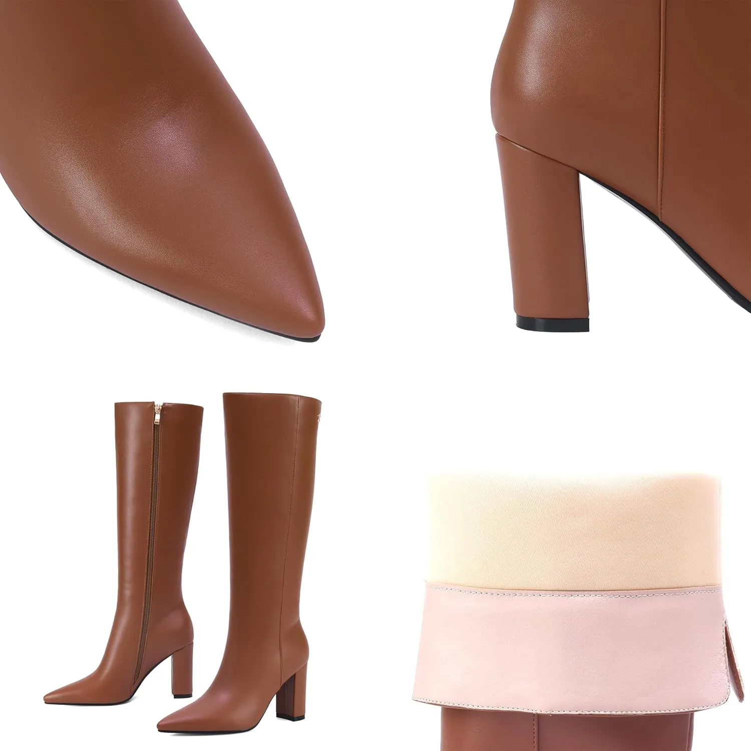iiimmu Knee High Boots for Women 3 IN Chunky Heel with Side Zipper Soft Faux Leather Tall Boots Pointed Toe 15 IN Shaft