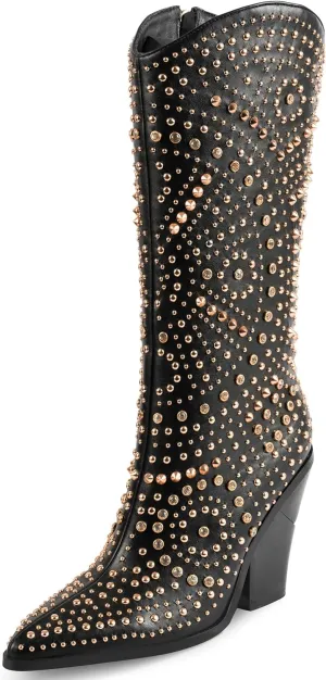 iiimmu Womens Boots Pointed Toe and Chunky Heel Boots for Women Luxurious Studded Boots Tall Boots with Metallic Rivets, White/Black Size US 5-12