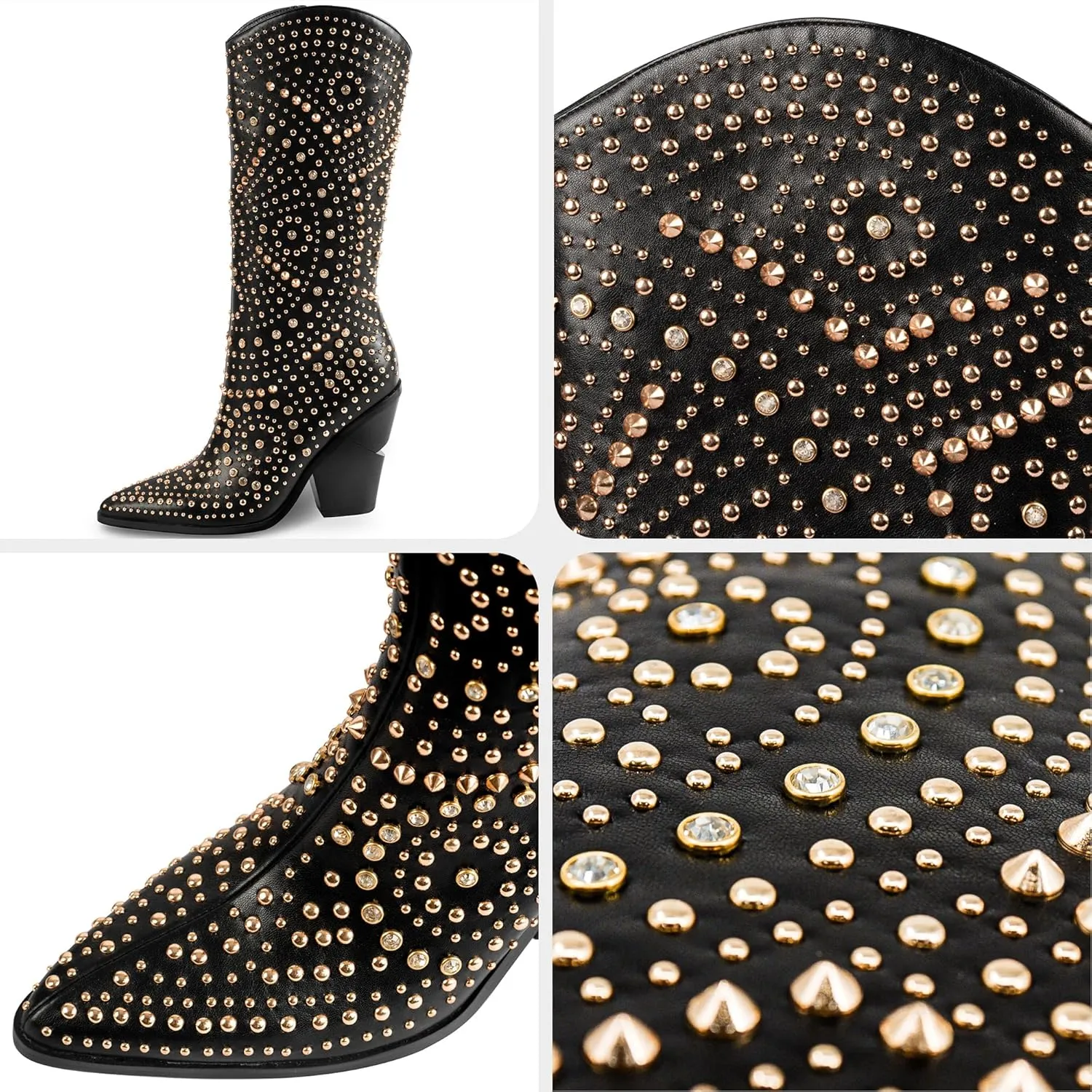 iiimmu Womens Boots Pointed Toe and Chunky Heel Boots for Women Luxurious Studded Boots Tall Boots with Metallic Rivets, White/Black Size US 5-12