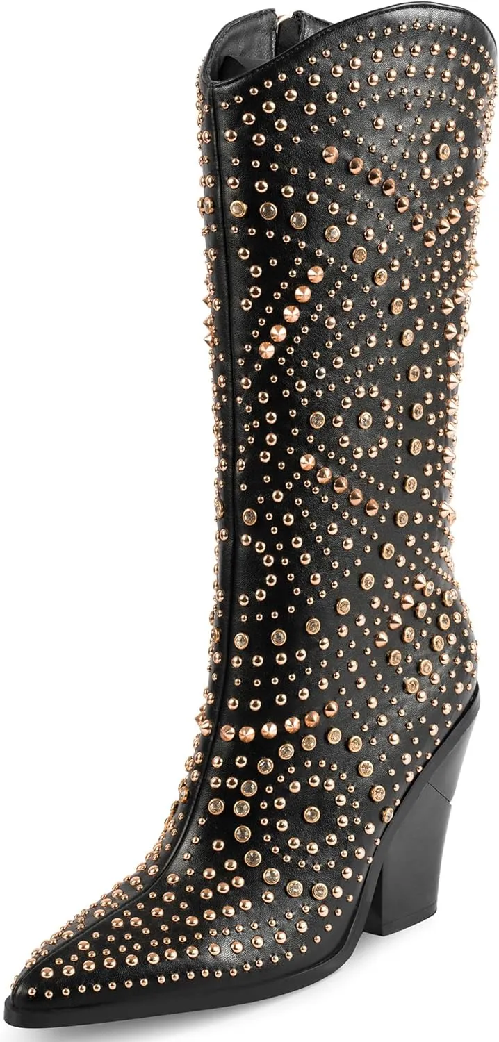 iiimmu Womens Boots Pointed Toe and Chunky Heel Boots for Women Luxurious Studded Boots Tall Boots with Metallic Rivets, White/Black Size US 5-12