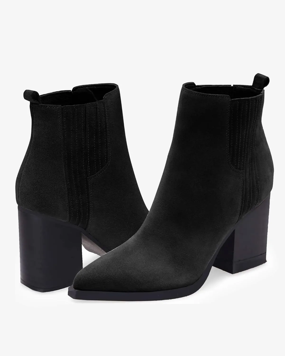 Imily Bela Womens Ankle Boots Pointed Toe Chunky Stacked Mid Heeled Faux Suede Leather Booties