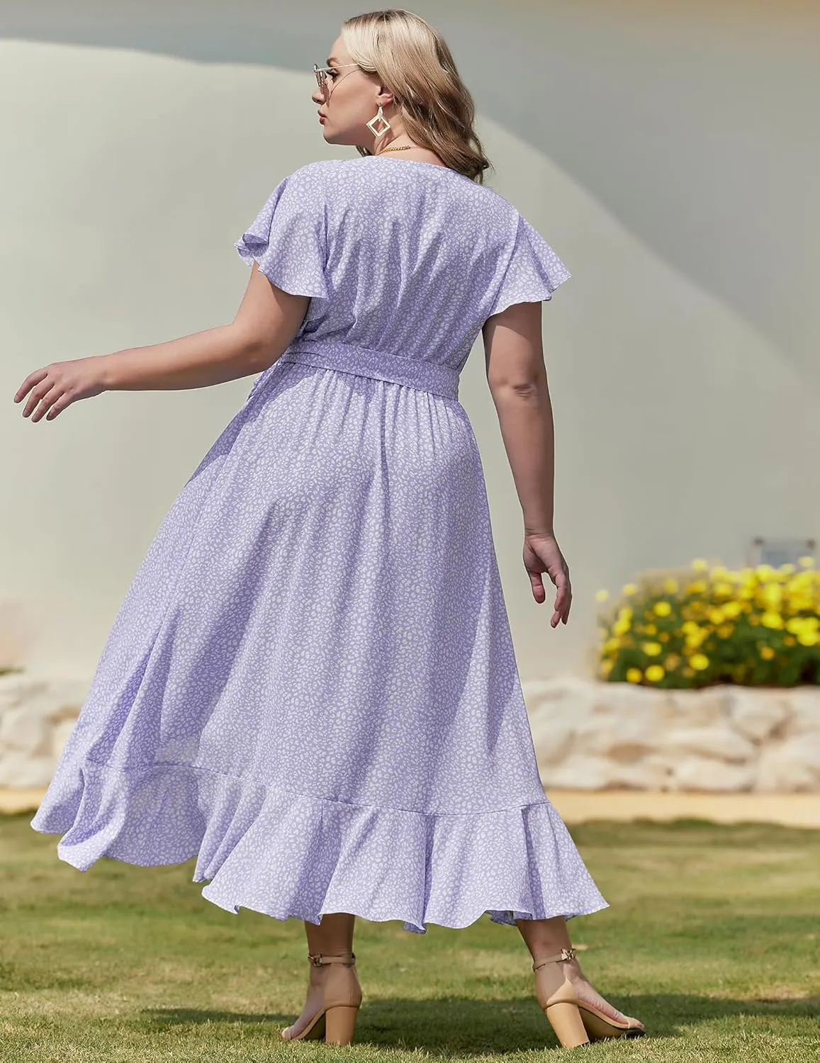 IN'VOLAND Plus Size Womens Floral Summer Dress Casual Wrap V Neck Short Sleeve Belted Beach Bohemian Maxi Dress