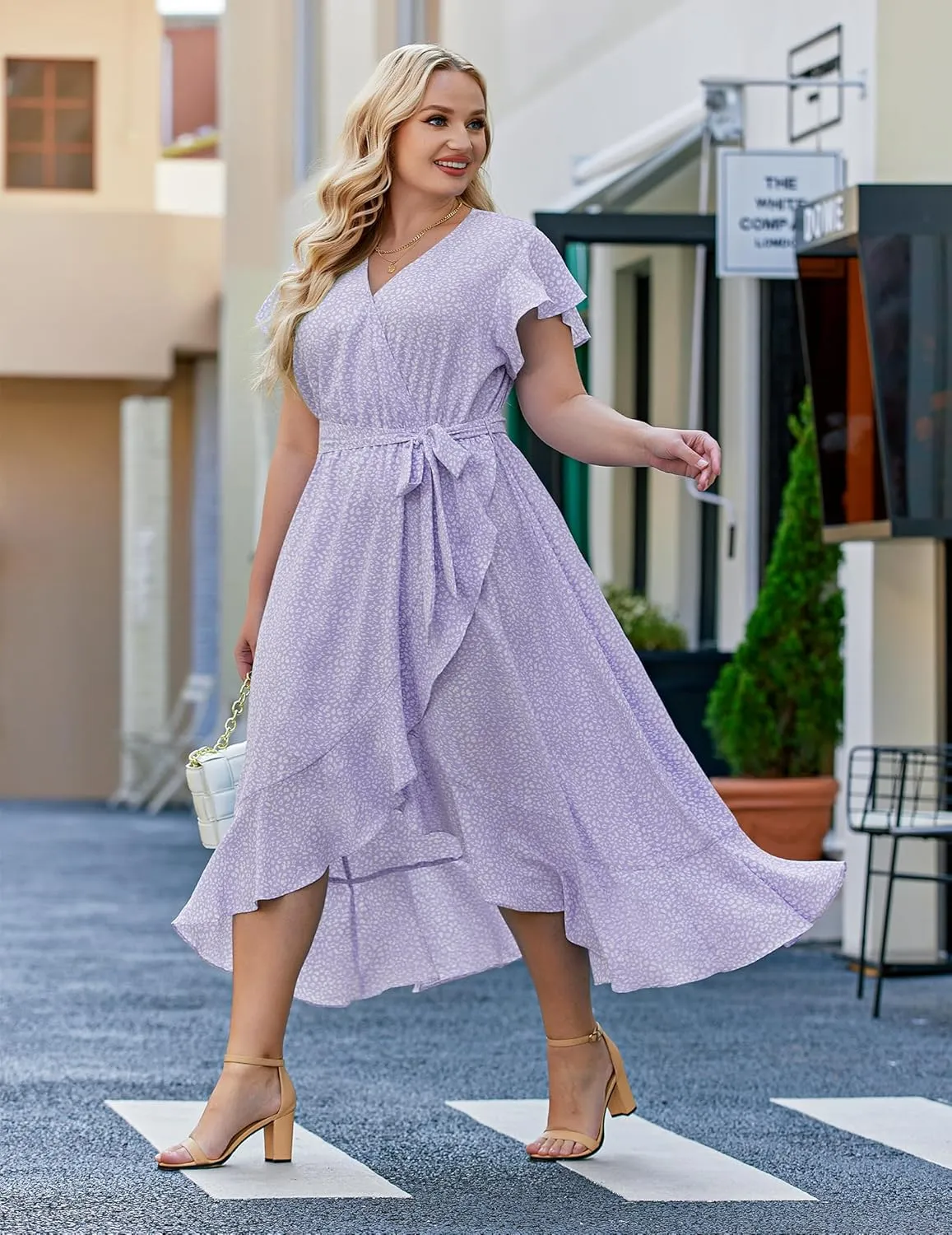 IN'VOLAND Plus Size Womens Floral Summer Dress Casual Wrap V Neck Short Sleeve Belted Beach Bohemian Maxi Dress