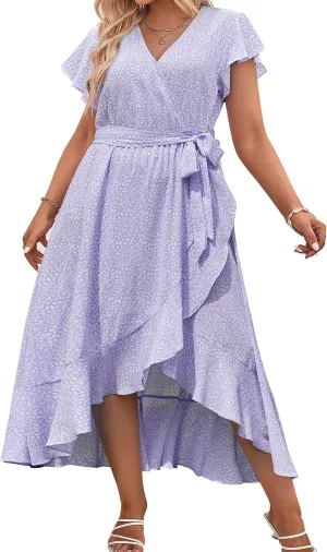 IN'VOLAND Plus Size Womens Floral Summer Dress Casual Wrap V Neck Short Sleeve Belted Beach Bohemian Maxi Dress