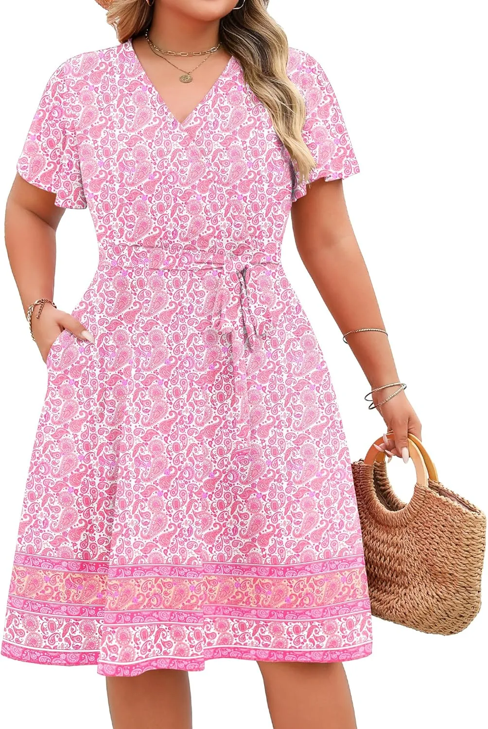 IN'VOLAND Women's Plus Size V Neck Knee Length Dress Casual Floral Dresses Summer Short Sleeve Sundress with Pockets