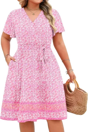 IN'VOLAND Women's Plus Size V Neck Knee Length Dress Casual Floral Dresses Summer Short Sleeve Sundress with Pockets