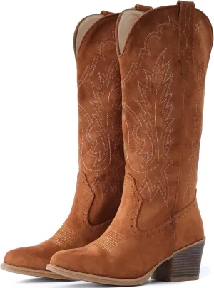 IUV Suede Cowboy Boots for women- Western Pointed Toe, Mid Calf Pull-On Boots